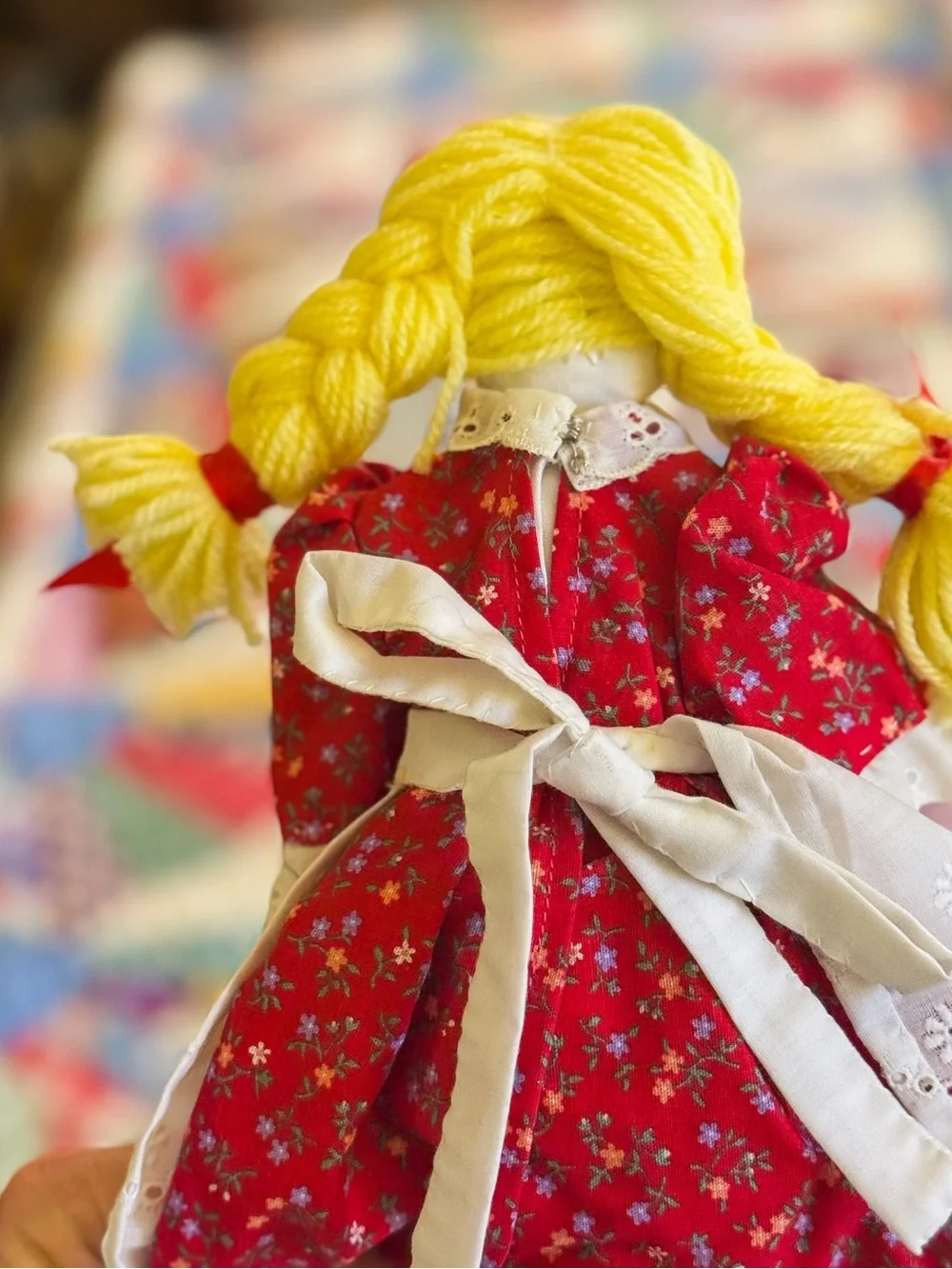 Handcrafted Vintage Yellow-Haired Rag Doll in Red Dress - Kids Toy